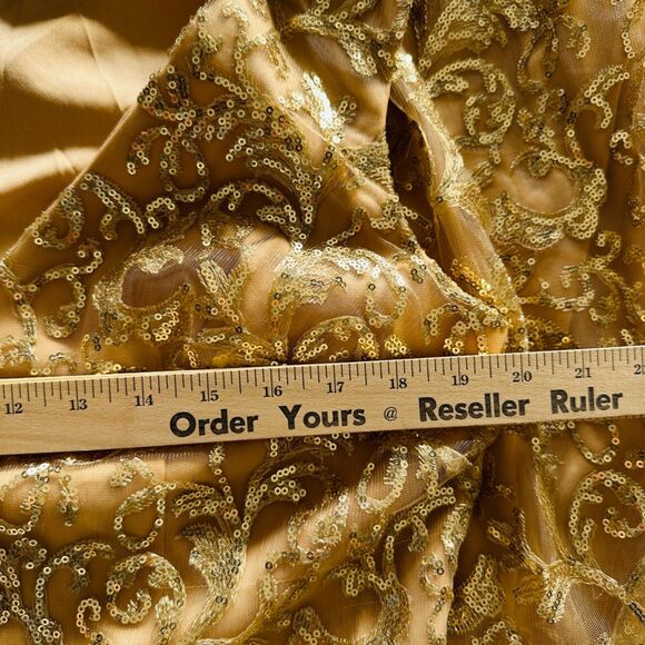 Mac Duggal Gold Sequined V Neck Cap Sleeve Dress Size 14 Midi Dress 68012 New - Picture 7 of 9